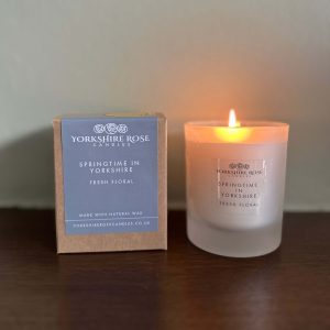 A fresh floral scent of bluebell and hyacinth in a glass container